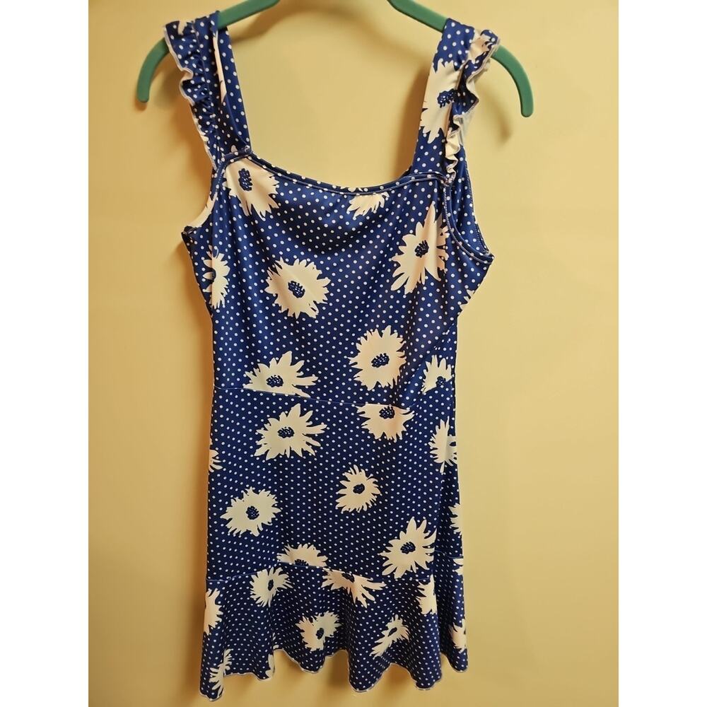 Blue and White Polka Dot Mock Wrap Dress with Flowers Size Small - Picture 6 of 8